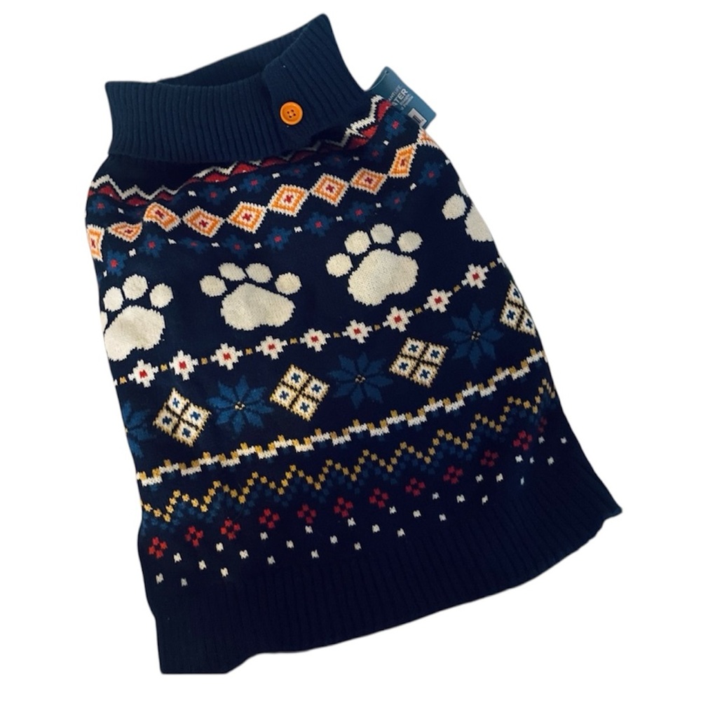 Vibrant Life navy blue Holiday Dog Turtleneck sweater button Collar Medium NWT